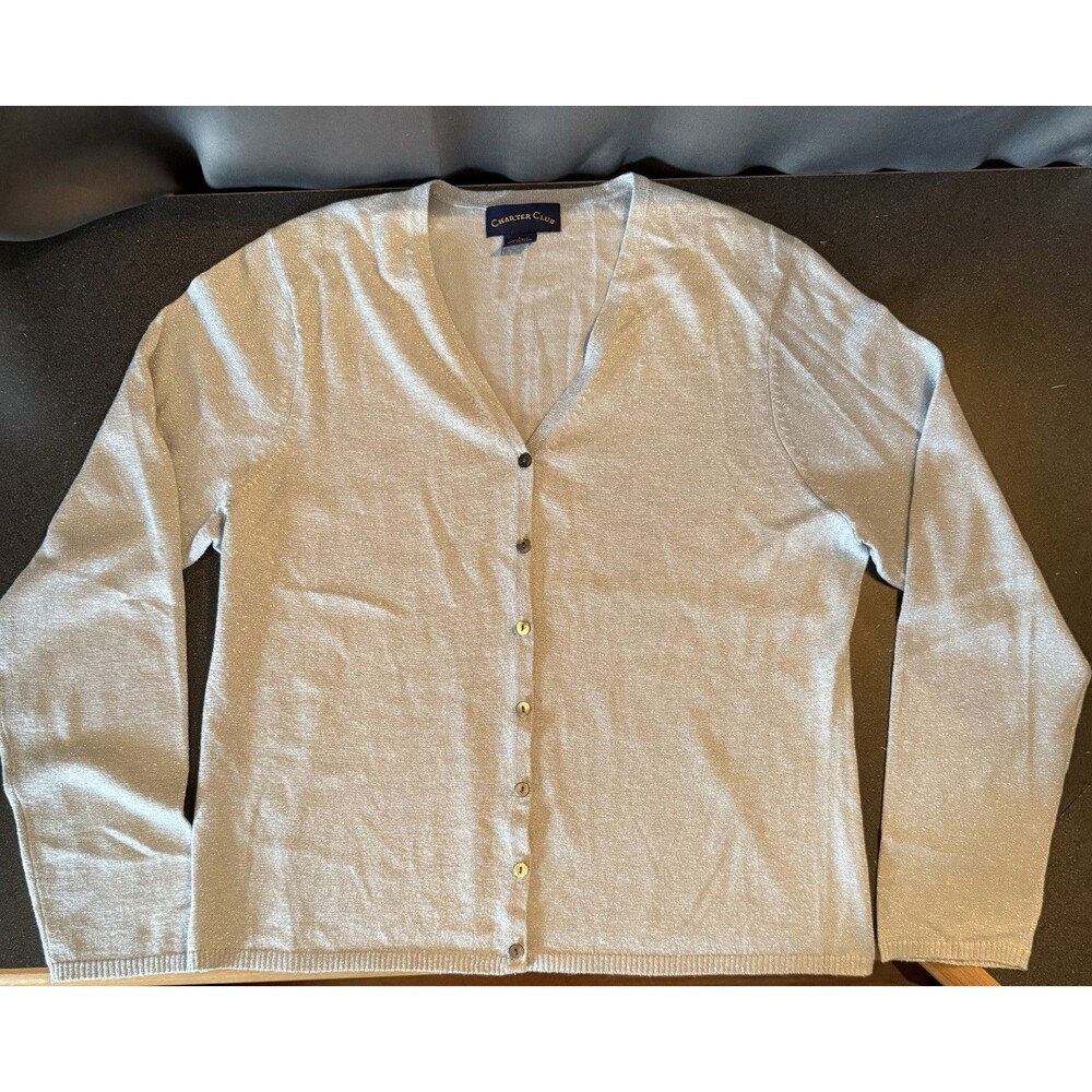 Charter Club Women’s Silver Silk Blend Cardigan V-neck Sweater Size L Metallic
